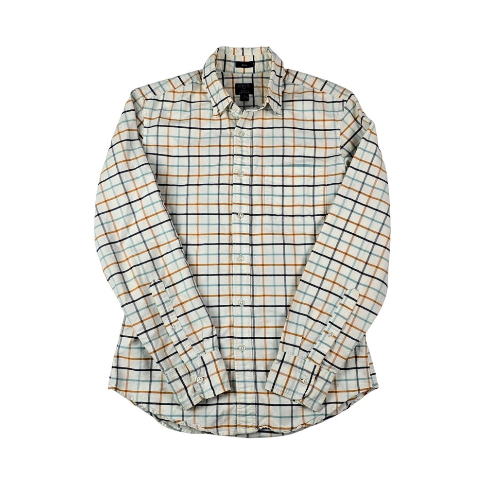 J.Crew Flex Oxford Button‎ Down Shirt Mens Small White Slim Fit Windowpane Plaid